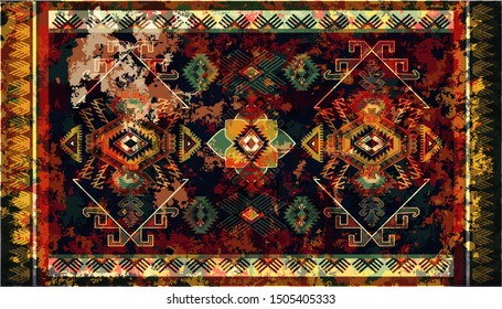 Colorful ornamental vector design for rug, tapis, blanket, shawl.  Geometric ethnic template. Arabian ornamental carpet with decorative elements. Persian abstract folk design. Aging effect