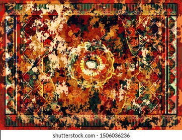 Colorful ornamental vector design for rug, tapis, blanket, shawl.  Geometric ethnic template. Arabian ornamental carpet with decorative elements. Persian abstract folk design. Aging effect