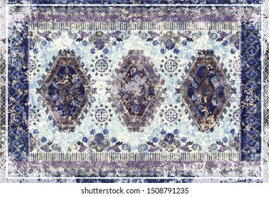 Colorful Ornamental Vector Design For Rug, Tapis, Blanket, Shawl.  Geometric Ethnic Template. Red Arabian Ornamental Carpet With Decorative Elements. Persian Floral Folk Design. Rug With Aging Effect