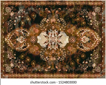 Colorful ornamental vector design for rug, carpet, tapis. Persian rug, towel, textile. Geometric floral backdrop. Arabian ornament with decorative elements. Vector ornamental template. Aging texture