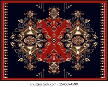 Colorful ornamental vector design for rug, carpet, tapestry, shawl. Geometrical ethnic rug. Geometric abstract backdrop. Symmetrical folk ornament with decorative elements. Vector template