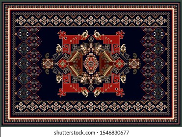 Colorful ornamental vector design for rug, carpet, tapestry, shawl. Geometrical ethnic rug. Geometric abstract backdrop. Symmetrical folk ornament with decorative elements. Vector template