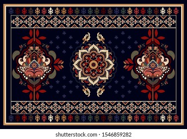 Colorful ornamental vector design for rug, carpet, tapestry, shawl. Geometrical ethnic rug. Geometric abstract backdrop. Symmetrical folk ornament with decorative elements. Vector template