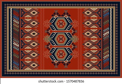 Colorful ornamental vector design for rug, carpet, tapestry, shawl. Geometrical ethnic rug. Geometric abstract backdrop. Symmetrical folk ornament with geometric elements. Vector template