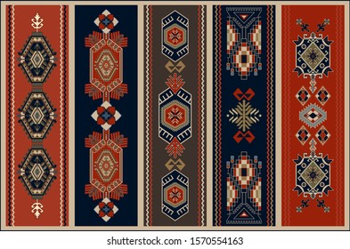 Colorful ornamental vector design for rug, carpet, tapestry, shawl. Geometrical ethnic rug. Geometric abstract backdrop. Symmetrical folk ornament with geometric elements. Vector template
