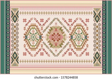 Colorful ornamental vector design for rug, carpet, tapestry, shawl. Pink, green rug. Indian rug. Geometric abstract backdrop. Symmetrical folk ornament with decorative elements. Vector template. 