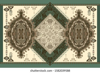 Colorful ornamental vector design for rug, carpet, tapestry, shawl. Beige, green rug. Indian rug. Geometric abstract backdrop. Symmetrical folk ornament with decorative elements. Vector template