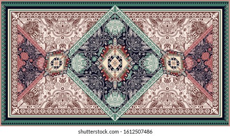 Colorful ornamental vector design for rug, carpet, tapis. Persian rug, towel, textile. Geometric floral backdrop. Arabian ornament carpet with decorative elements. Vector rectangular template rug