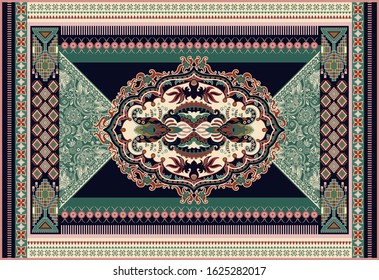 Colorful ornamental vector design for rug, carpet, tapis. Persian rug, towel, textile. Geometric floral backdrop. Arabian ornament carpet with decorative elements. Vector rectangular template rug