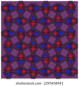 Colorful ornamental vector design for rug, carpet, tapis. Persian rug, towel, textile. Pattern with hexagon line elements blended in blue and red on a purple base