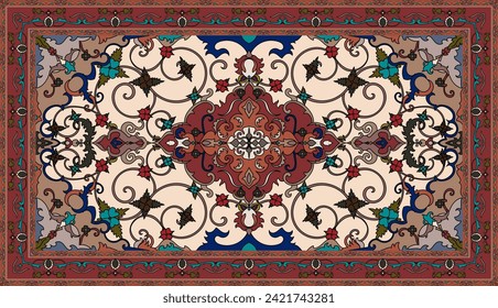 Colorful ornamental vector design for rug, tapis, yoga mat. Geometric ethnic clipart. Arabian ornamental carpet with decorative elements.Persian carpet,