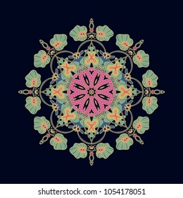 Colorful ornamental vector rosette on dark background