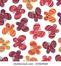 Colorful ornate butterflies on the white background. Beautiful seamless butterfly pattern.