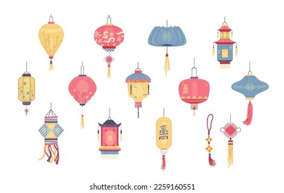 Colorful ornate Chinese lanterns vector illustrations set. Asian lanterns of different shapes with hieroglyph meaning long life collection.