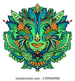 Colorful ornate face of a fairytale elf. Hand-drawn ethnic ornate godess. Tribal boho tattoo. Vector illustration. Woman face surrounded by flower petals and ornaments.