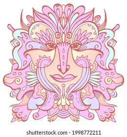 Colorful ornate face of a fairytale elf. Hand-drawn ethnic ornate godess. Tribal boho tattoo. Vector illustration. Woman face surrounded by flower petals and ornaments.
