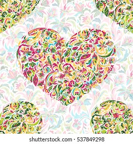 Colorful ornate floral hearts seamless pattern. Doodle style. Hand painted flowers heart. Vector illustration