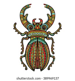 Colorful ornate giant stag beetle. Decorative fancy insect hand drawn mascot zen art isolated design element. Vector illustration.