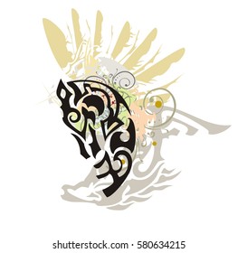 Colorful ornate horse head splashes. Grunge stylized horse head with an eagle wing and floral elements