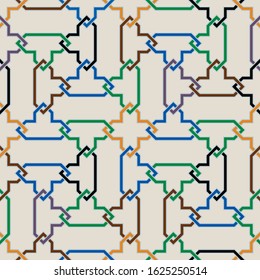 Colorful Ornate Seamless Vector Pattern of Moorish Tiled Decorations. Tileable mosaic background in Palace of Alhambra Style.