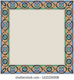 Colorful Ornate Vector Border of Moorish Tiled Decorations. Mosaic frame in Palace of Alhambra Style.