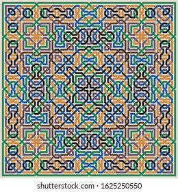 Colorful Ornate Vector Pattern of Moorish Tiled Decorations. Mosaic background in Palace of Alhambra Style.
