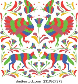 Colorful Otomi Textile Pattern With Animals