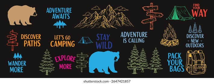 Colorful Outdoor Adventure Badge Set with Camping Quotes and Hand Drawn Forest Illustrations for Travel and Hiking Merchandise
