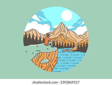 Colorful outdoor illustration of a man sits on a cliff with views of lakes, forests and mountains