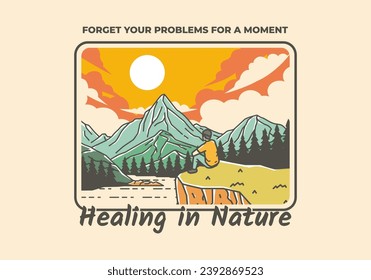 Colorful outdoor illustration of a man sits on a cliff with views of lakes, forests and mountains