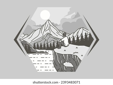 Colorful outdoor illustration of a man sits on a cliff with views of lakes, forests and mountains