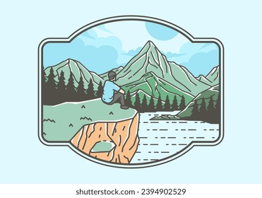 Colorful outdoor illustration of a man sits on a cliff with views of lakes, forests and mountains