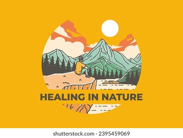 Colorful outdoor illustration of a man sits on a cliff with views of lakes, forests and mountains