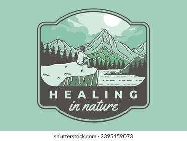 Colorful outdoor illustration of a man sits on a cliff with views of lakes, forests and mountains