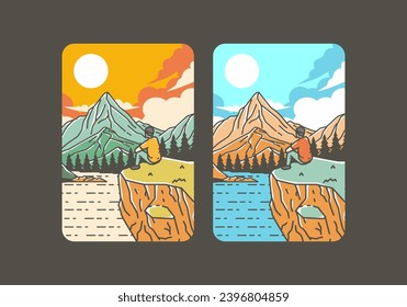 Colorful outdoor illustration of a man sits on a cliff with views of lakes, forests and mountains