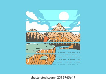 Colorful outdoor illustration of a man sits on a cliff with views of lakes, forests and mountains