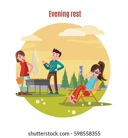 Colorful outdoor recreation concept with couple preparing barbecue and woman drinking cocktail on forest landscape vector illustration