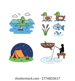 Colorful outdoor recreation elements show a lake with sailboat, ducks, fish, cattail, tent, campfire, rowboat, and person fishing on a dock.