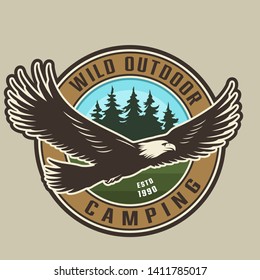 Colorful outdoor recreation round badge with flying eagle and forest landscape in vintage style isolated vector illustration