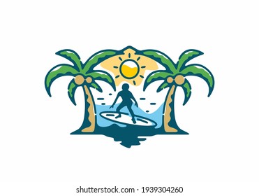 Colorful of outdoor surfing with coconut trees design
