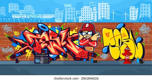 Colorful Outdoor Urban Streetart Graffiti Wall With Drawings Against The Background Of The Cityscape Vector Illustration