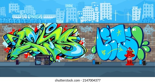 Colorful Outdoor Urban Streetart Graffiti Wall With Drawings Against The Background Of The Cityscape Vector Illustration