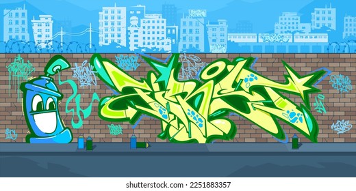 Colorful Outdoor Urban Streetart Graffiti Wall With Drawings Against The Background Of The Cityscape Vector Illustration