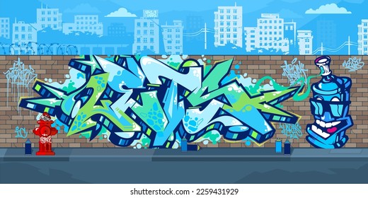 farbenprächtige Graffiti-Wand im Freien mit Zeichnungen auf dem Hintergrund der Vektorgrafik der Stadt