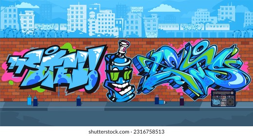 Colorful Outdoor Urban Streetart Graffiti Wall With Drawings Against The Background Of The Cityscape Vector Illustration