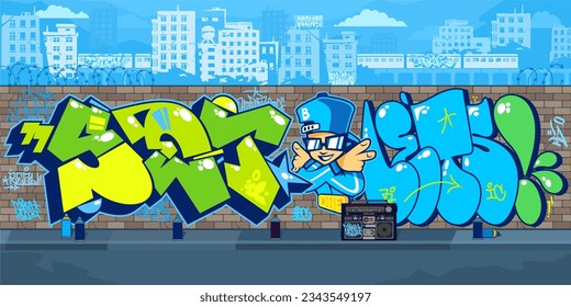 Colorful Outdoor Urban Streetart Graffiti Wall With Drawings Against The Background Of The Cityscape Vector Illustration