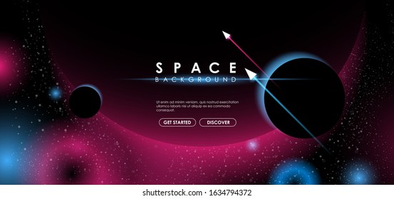 Colorful Outer Space background. Cosmos, universe, infinity. Rising Sun over the planet. Vector Creative background.