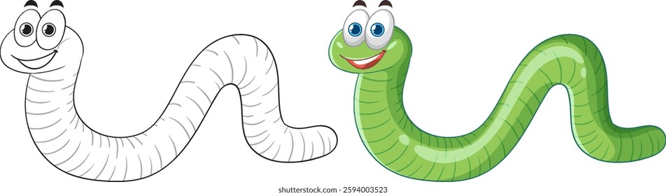 Colorful and outline cartoon worm illustration for educational purposes