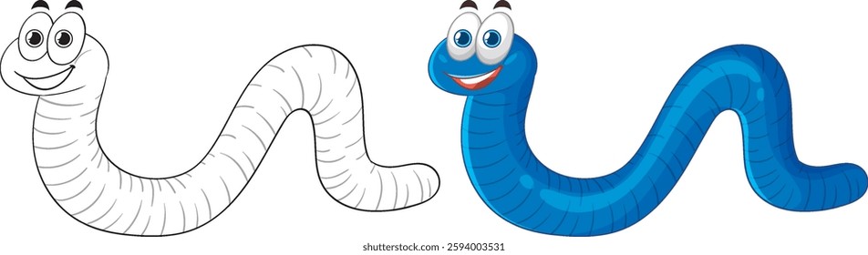 Colorful and outline cartoon worm illustration for children and education