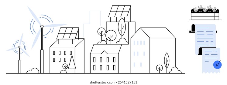 Colorful outline of a city with buildings, trees, wind turbines, solar panels, and documents for efficient resource management. Ideal for sustainability, renewable energy, urban planning, green